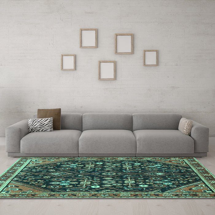 Machine Washable Persian Turquoise Traditional Area Rugs in a Living Room,, wshtr4562turq