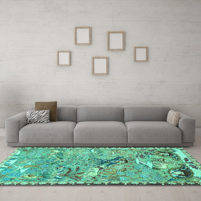 Machine Washable Animal Turquoise Traditional Area Rugs in a Living Room,, wshtr4564turq