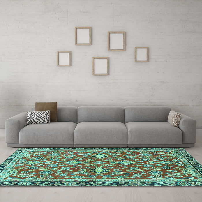 Machine Washable Persian Turquoise Traditional Area Rugs in a Living Room,, wshtr4565turq