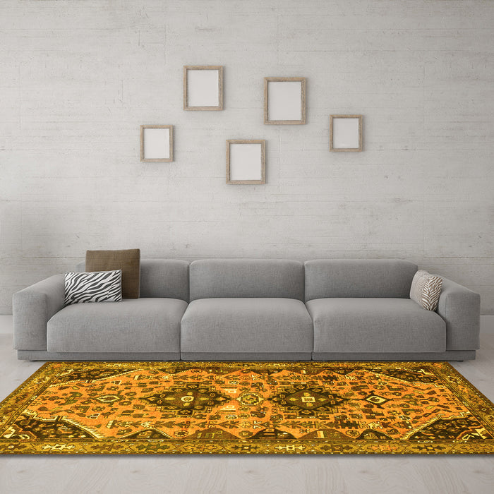 Machine Washable Persian Yellow Traditional Rug in a Living Room, wshtr4566yw