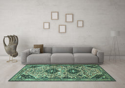 Machine Washable Persian Turquoise Traditional Area Rugs in a Living Room,, wshtr4566turq