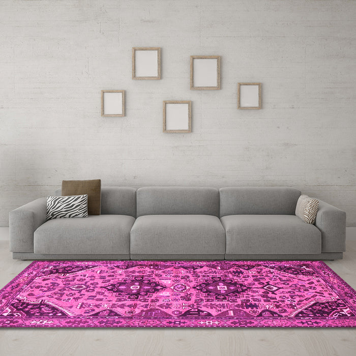 Machine Washable Persian Pink Traditional Rug in a Living Room, wshtr4566pnk
