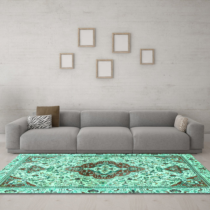 Machine Washable Persian Turquoise Traditional Area Rugs in a Living Room,, wshtr4567turq