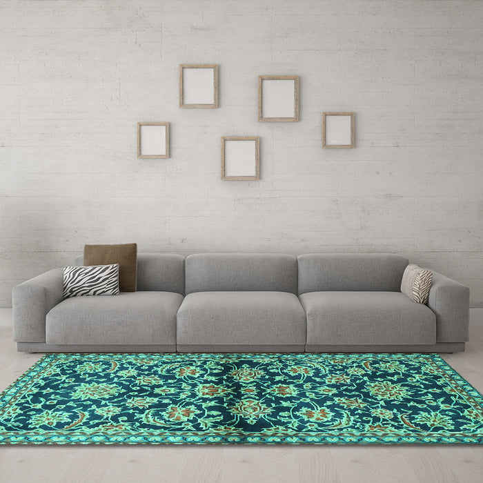 Machine Washable Persian Turquoise Traditional Area Rugs in a Living Room,, wshtr4568turq