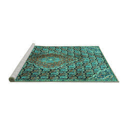 Sideview of Machine Washable Persian Turquoise Traditional Area Rugs, wshtr4569turq