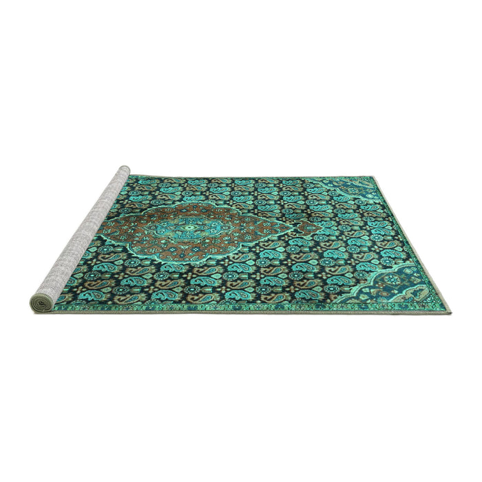 Sideview of Machine Washable Persian Turquoise Traditional Area Rugs, wshtr4569turq