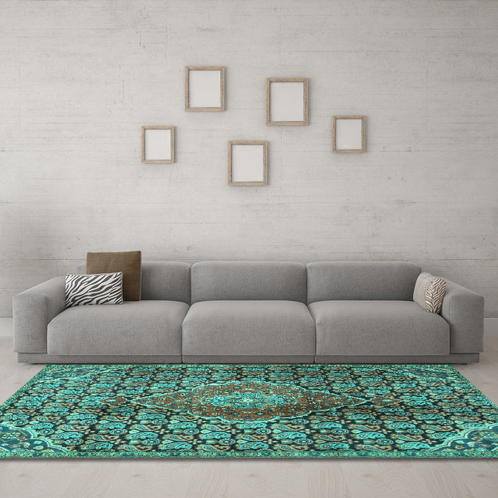 Machine Washable Persian Turquoise Traditional Area Rugs in a Living Room,, wshtr4569turq
