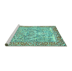 Sideview of Machine Washable Persian Turquoise Traditional Area Rugs, wshtr4570turq