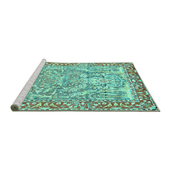 Sideview of Machine Washable Persian Turquoise Traditional Area Rugs, wshtr4570turq