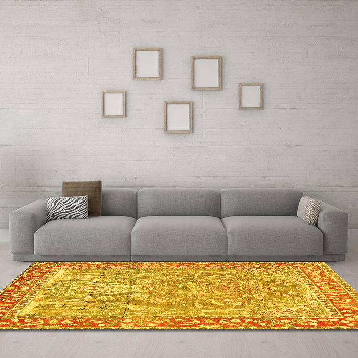 Machine Washable Persian Yellow Traditional Rug in a Living Room, wshtr4570yw