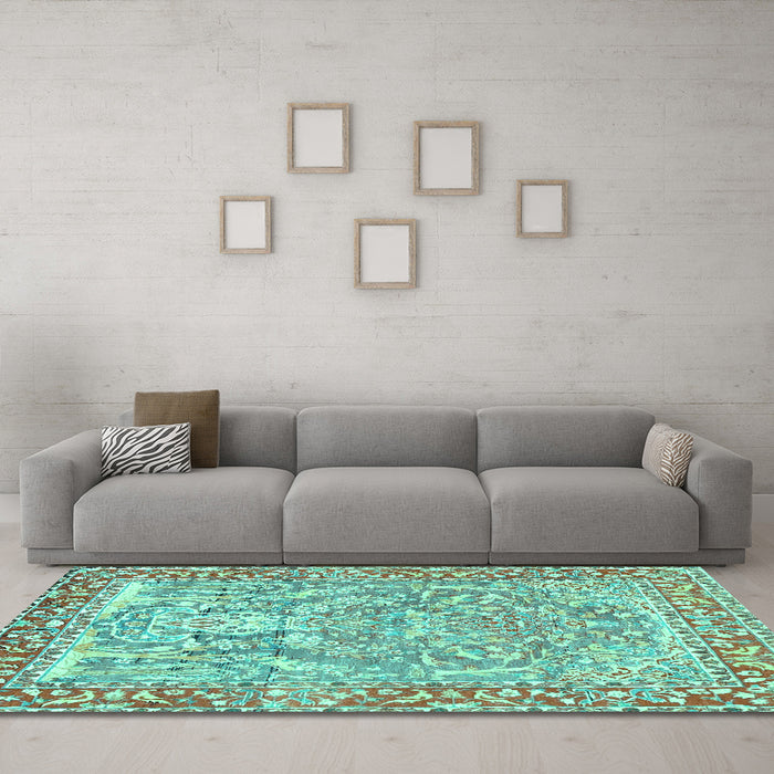 Machine Washable Persian Turquoise Traditional Area Rugs in a Living Room,, wshtr4570turq
