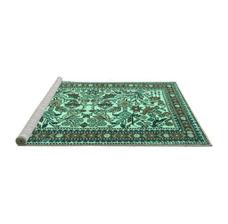 Sideview of Machine Washable Persian Turquoise Traditional Area Rugs, wshtr4571turq