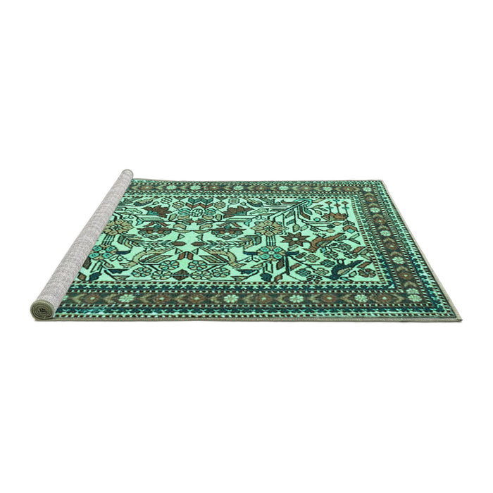 Sideview of Machine Washable Persian Turquoise Traditional Area Rugs, wshtr4571turq