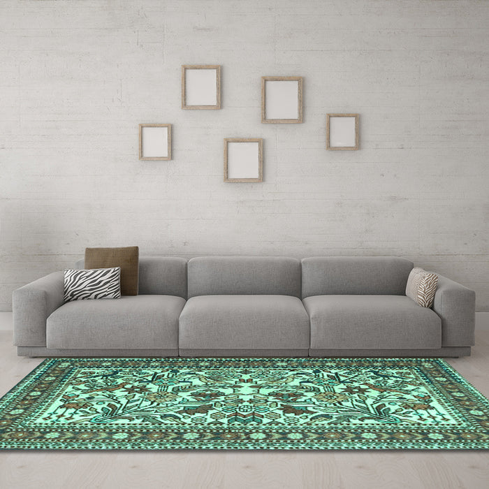 Machine Washable Persian Turquoise Traditional Area Rugs in a Living Room,, wshtr4571turq