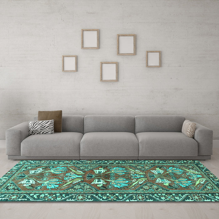 Machine Washable Persian Turquoise Traditional Area Rugs in a Living Room,, wshtr4572turq