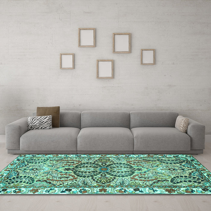 Machine Washable Persian Turquoise Traditional Area Rugs in a Living Room,, wshtr4573turq