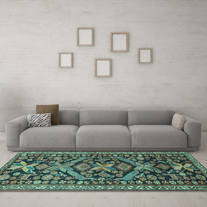 Machine Washable Persian Turquoise Traditional Area Rugs in a Living Room,, wshtr4574turq