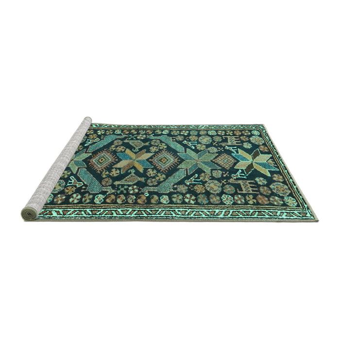 Sideview of Machine Washable Persian Turquoise Traditional Area Rugs, wshtr4574turq