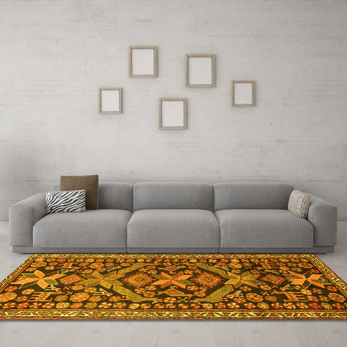 Machine Washable Persian Yellow Traditional Rug in a Living Room, wshtr4574yw