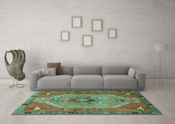 Machine Washable Persian Turquoise Traditional Area Rugs in a Living Room,, wshtr4575turq