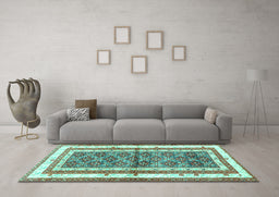 Machine Washable Persian Turquoise Traditional Area Rugs in a Living Room,, wshtr4576turq