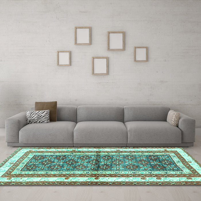 Machine Washable Persian Turquoise Traditional Area Rugs in a Living Room,, wshtr4576turq