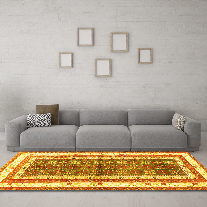 Machine Washable Persian Yellow Traditional Rug in a Living Room, wshtr4576yw