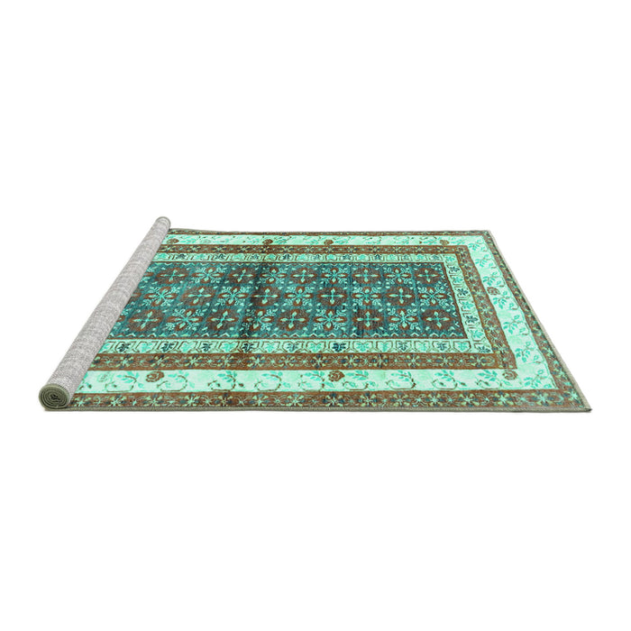 Sideview of Machine Washable Persian Turquoise Traditional Area Rugs, wshtr4576turq