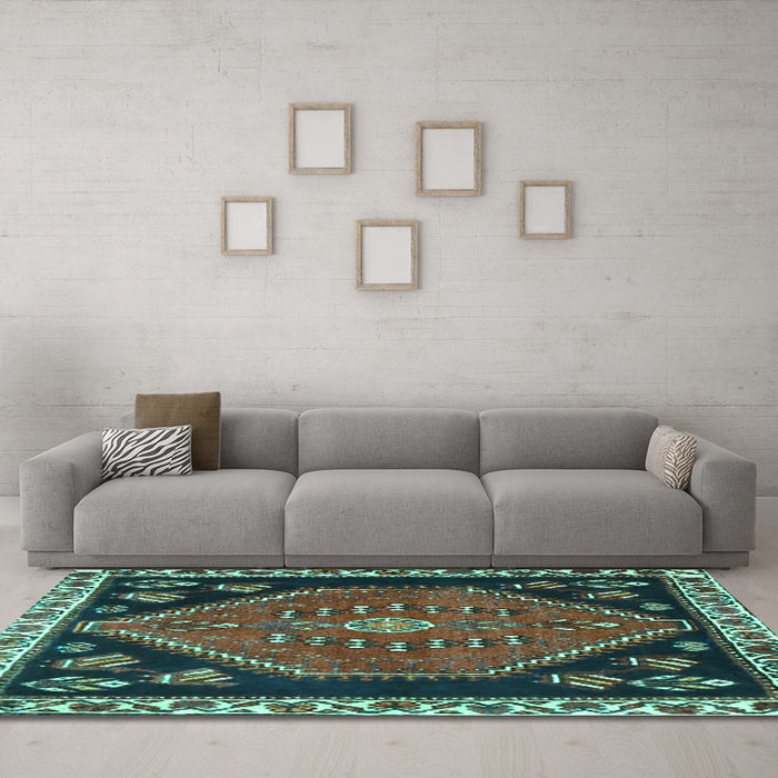 Machine Washable Persian Turquoise Traditional Area Rugs in a Living Room,, wshtr4577turq