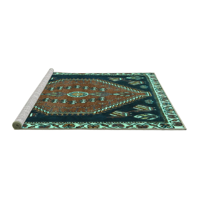 Sideview of Machine Washable Persian Turquoise Traditional Area Rugs, wshtr4577turq
