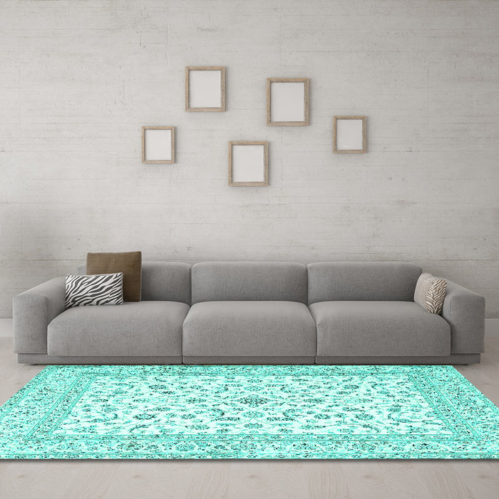 Machine Washable Persian Turquoise Traditional Area Rugs in a Living Room,, wshtr4578turq
