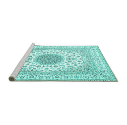 Sideview of Machine Washable Medallion Turquoise Traditional Area Rugs, wshtr4579turq
