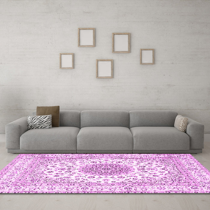 Machine Washable Medallion Pink Traditional Rug in a Living Room, wshtr4579pnk