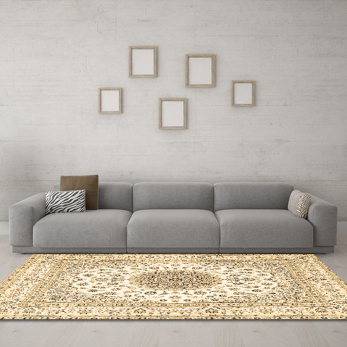 Machine Washable Medallion Brown Traditional Rug in a Living Room,, wshtr4579brn
