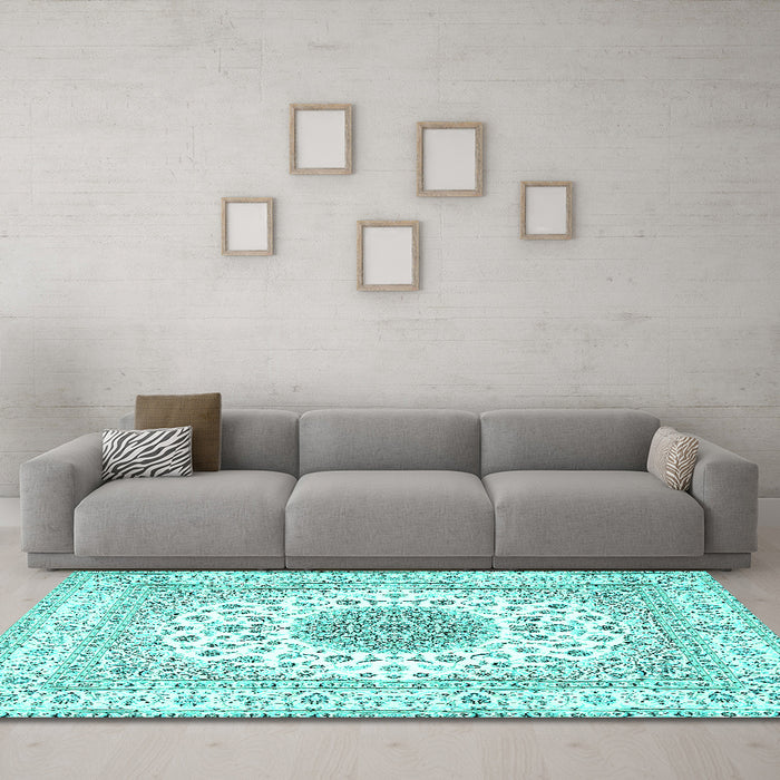Machine Washable Medallion Turquoise Traditional Area Rugs in a Living Room,, wshtr4579turq