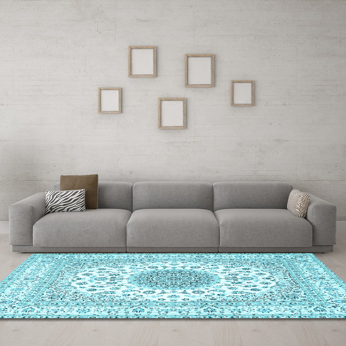 Machine Washable Medallion Light Blue Traditional Rug in a Living Room, wshtr4579lblu