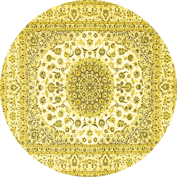 Round Machine Washable Medallion Yellow Traditional Rug, wshtr4579yw