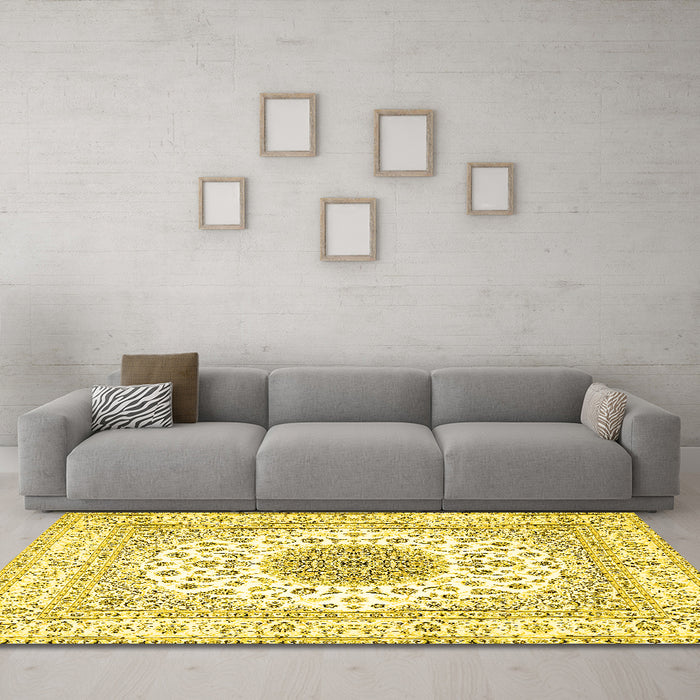 Machine Washable Medallion Yellow Traditional Rug in a Living Room, wshtr4579yw