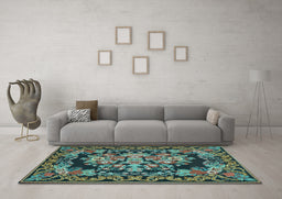 Machine Washable Medallion Light Blue French Rug in a Living Room, wshtr457lblu
