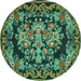 Round Machine Washable Medallion Turquoise French Area Rugs, wshtr457turq