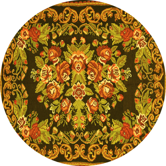 Round Machine Washable Medallion Yellow French Rug, wshtr457yw