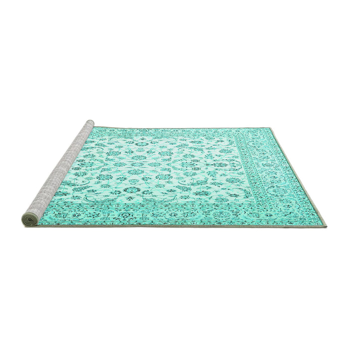 Sideview of Machine Washable Persian Turquoise Traditional Area Rugs, wshtr4580turq