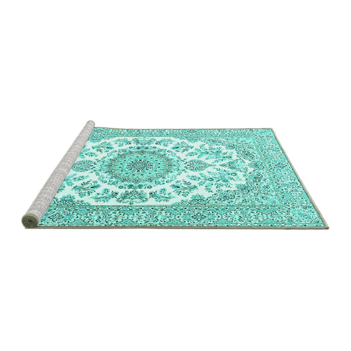 Sideview of Machine Washable Persian Turquoise Traditional Area Rugs, wshtr4582turq