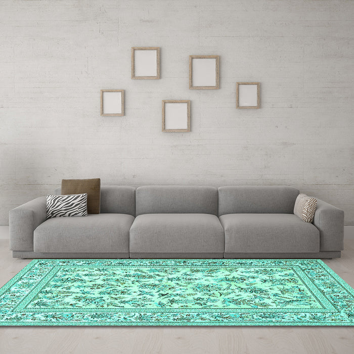 Machine Washable Persian Turquoise Traditional Area Rugs in a Living Room,, wshtr4583turq