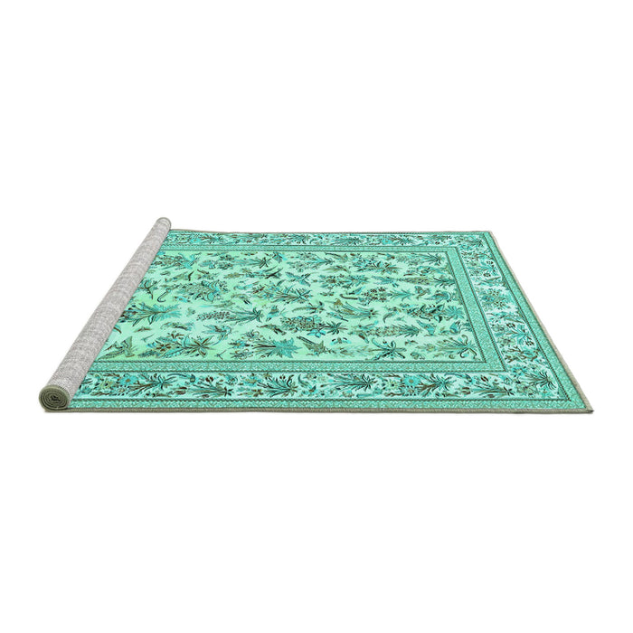 Sideview of Machine Washable Persian Turquoise Traditional Area Rugs, wshtr4583turq
