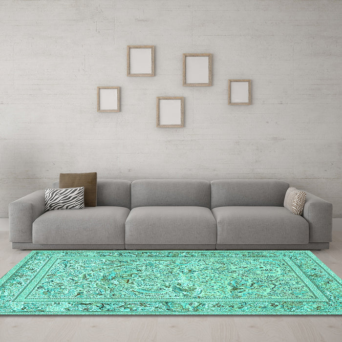 Machine Washable Animal Turquoise Traditional Area Rugs in a Living Room,, wshtr4584turq