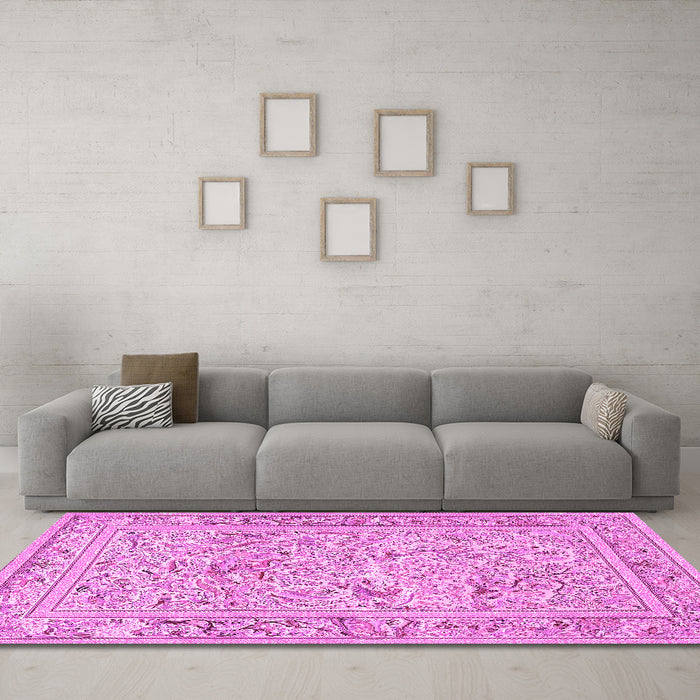 Machine Washable Animal Pink Traditional Rug in a Living Room, wshtr4584pnk