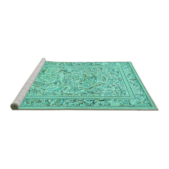 Sideview of Machine Washable Animal Turquoise Traditional Area Rugs, wshtr4584turq