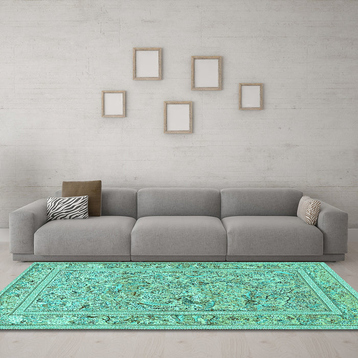 Machine Washable Animal Turquoise Traditional Area Rugs in a Living Room,, wshtr4585turq