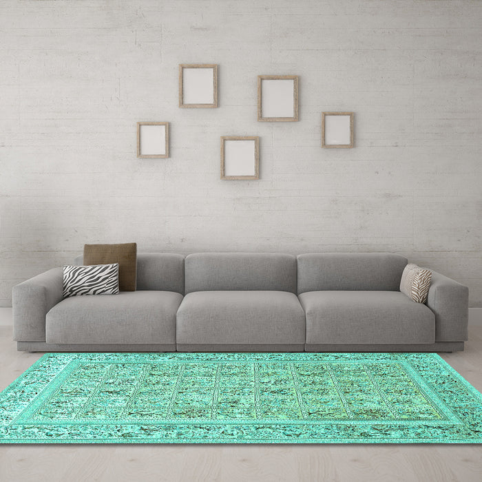 Machine Washable Animal Turquoise Traditional Area Rugs in a Living Room,, wshtr4586turq